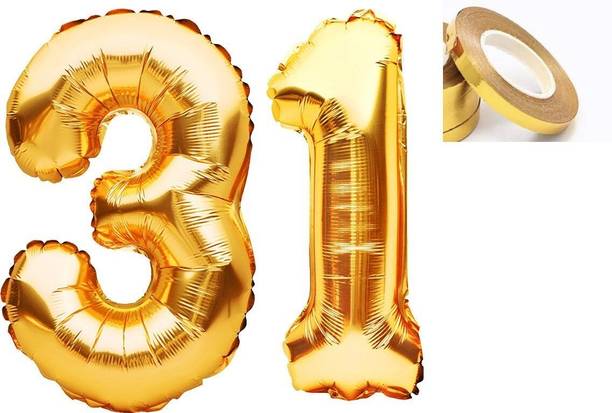 PARTY MIDLINKERZ Solid Golden '31' number Numerical Foil Balloon with Ribbon for Celebration (Gold, Pack of 3)