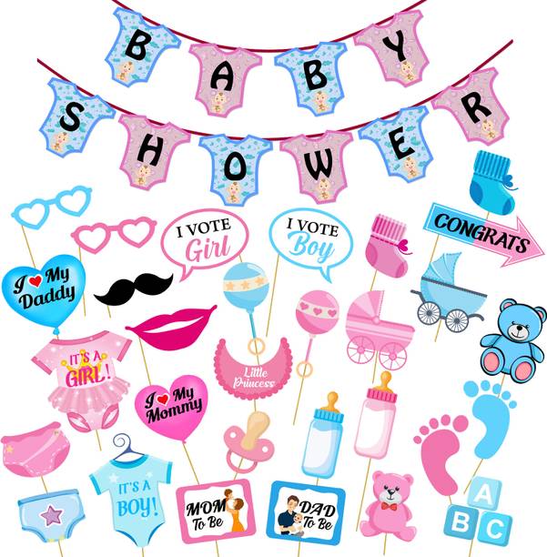 ZYOZI Baby Shower Decorations Props Material Combo 1 Set Baby Shower Banner and 30 Pcs Photo Booth Props for Gender Reveal,Pregnancy Announcement - Babyshower Mom to Be Photoshoot Combo (Set-31)