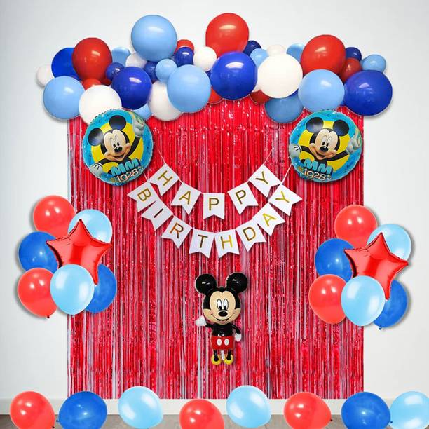 ARV Mickey Mouse Decorations - Banner, Mickey Foil 5pcs, 30 Red Blue White Balloons