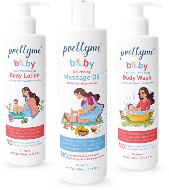 prettyme Baby Skin & Hair Care Combo Kit: Body Wash, Lotion & Massage Oil 200ml Each