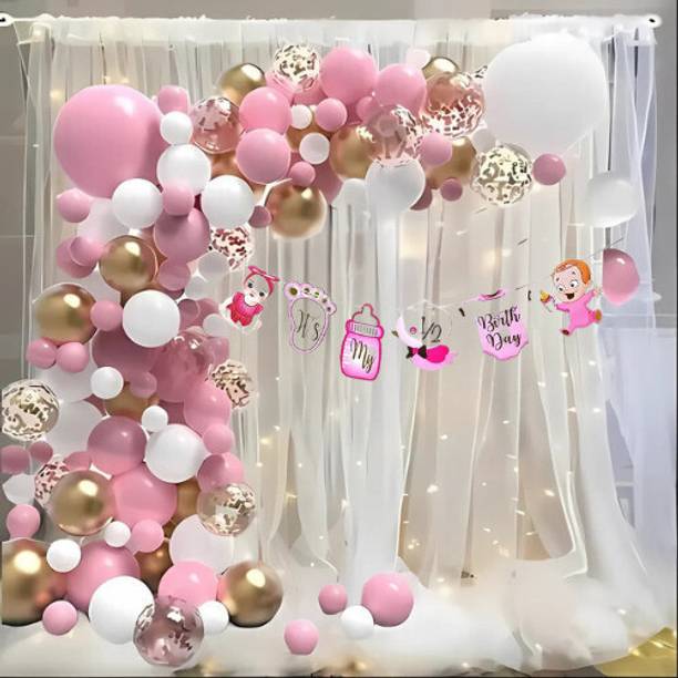 डेकोर स्पार्क 63pcs 6 Months Birthday Decor Half Banner with Net Curtain, Confetti & Balloons