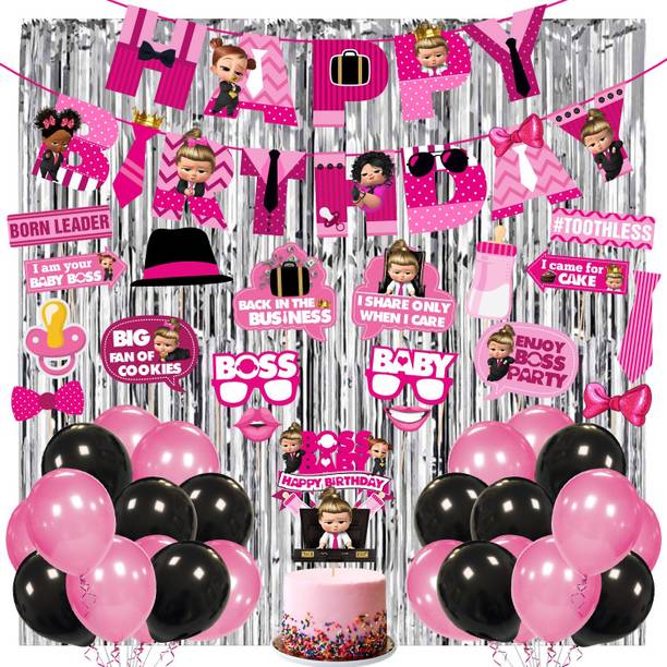 ZYOZI Baby Girl's Boss Theme Party Supplies for Girls Baby Birthday Decorations Favors With Banner,Photo Booth,Foil Curatian and Balloons( pack of