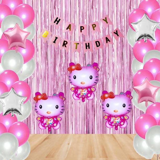 PARTY MIDLINKERZ Kitty Happy Birthday Decoration kit Combo - 46 Pcs for Birthday Decoration