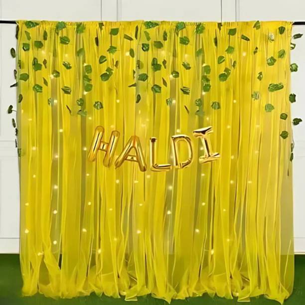 DECOR SPARKS 6Pcs Haldi Decoration Set with Yellow Net Curtain, Foil & Leaves