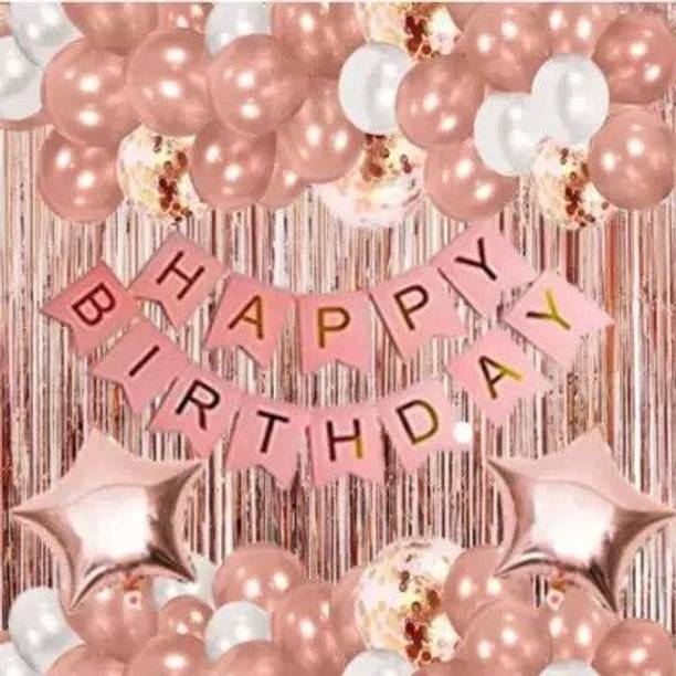 PARTY MIDLINKERZ Printed Happy Birthday Decoration kit Combo - 49 Pcs for Rosegold Decor