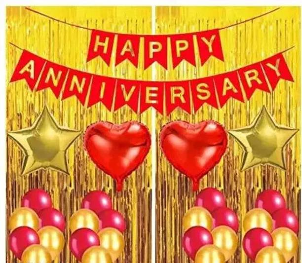 PARTY MIDLINKERZ Solid Golden Happy Anniversary Decoration kit For Husband,Wife Balloon