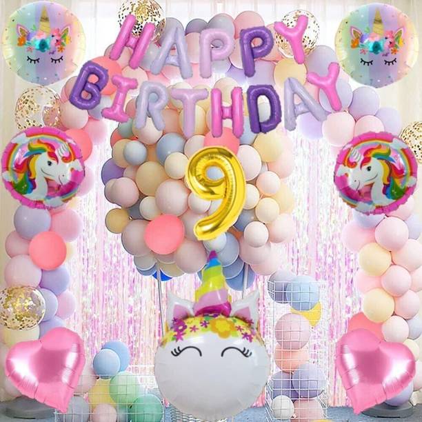 PARTY MIDLINKERZ No 9 Gold Balloons with Unicorn Theme Birthday Decoration Items or Kit for Girls