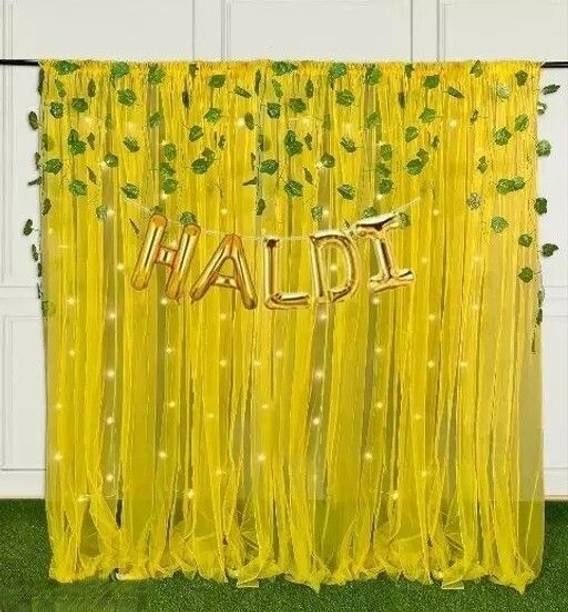 PARTY MIDLINKERZ YELLOW NET BACKDROP HALDI DECORATION KIT With Artificial Leaves and Led Light