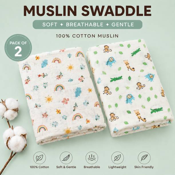 Ajima Shoppe Soft Muslin Baby Swaddle Blanket 100×80 cm (Pack of 2) Breathable Cotton Wrap for Newborns, Lightweight, Multi-Use Receiving Blanket