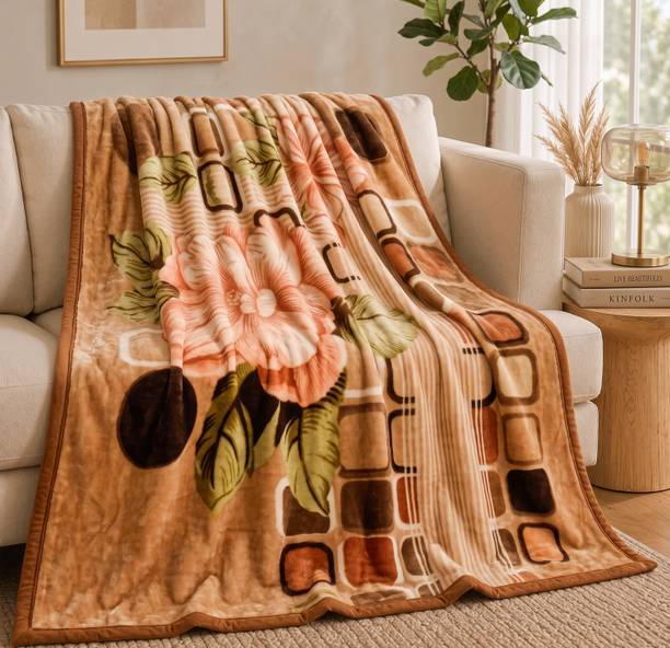 VAS COLLECTIONS Embroidered Single Mink Blanket for Heavy Winter Polyester, Warm Camel- 2.5KG