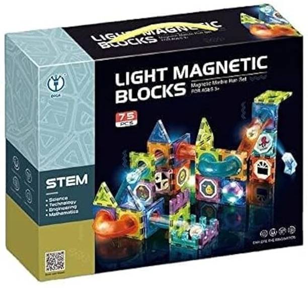 HOGSY Light Magnetic Tiles 75 Pcs Building Blocks 3D STEM Educational Marble Run Toy