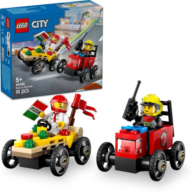 LEGO City Pizza vs. Fire Truck Race Car Pack Toy Soapbox Racing Set 60458 (70 Blocks)