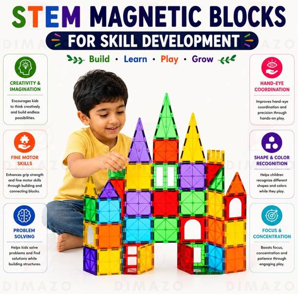 HeyKids DIY Magnetic Tiles, Building Blocks, Stacking Toys for Kids 3-8 Years -100 Pcs