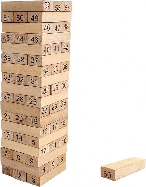Minnics Wooden Number Jenga Stacking Game – 54 Blocks with Dice