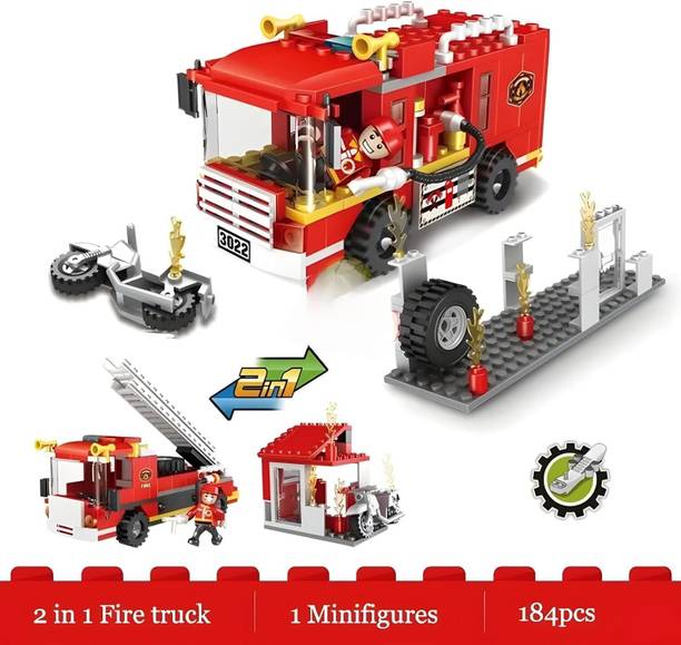 Vaniha 2 in 1 City Fire Truck Fire Station Building Blocks Fire Engine Vehicles Set