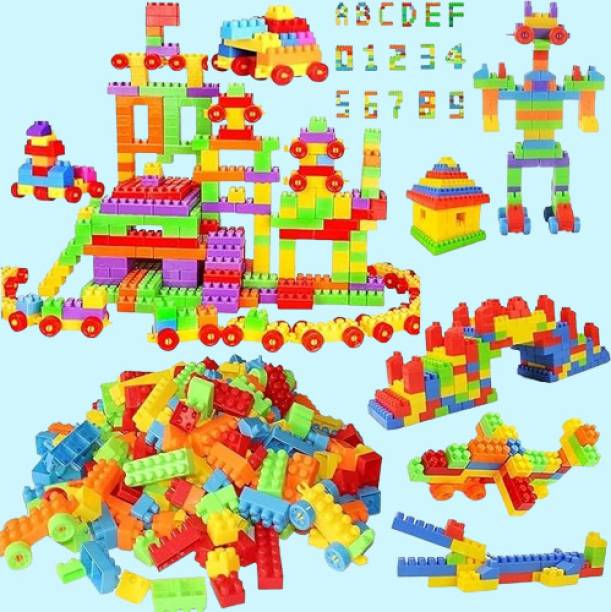 Mayne DIY Plastic Building Blocks for Kids 50+ pcs (42 Pieces + 8 Tyres Multi) _2906