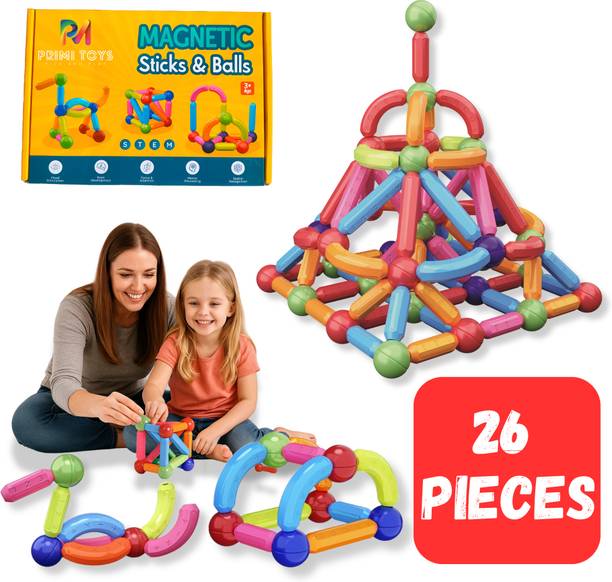 PRIMITOYS Magnetic Sticks 26 Pieces Building Blocks for Kids, Magnetic Stick & Ball Puzzle