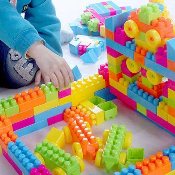 Redsky Toys Plastic Building Blocks for Kids 60+ pcs (52 Block + Wheels)