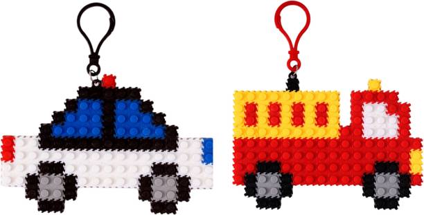 TOYMERSIVE Fire & Police Truck Charm Set Mini Bricks Building Blocks Toy Keychain Accessory