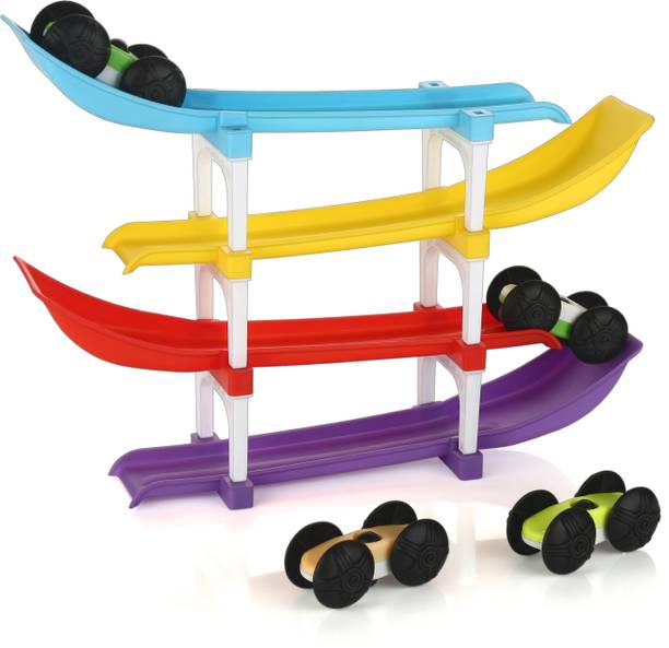 SOVETO Racer Ramp Car Sliding Toy 4 ramps & 4 cars for Kids