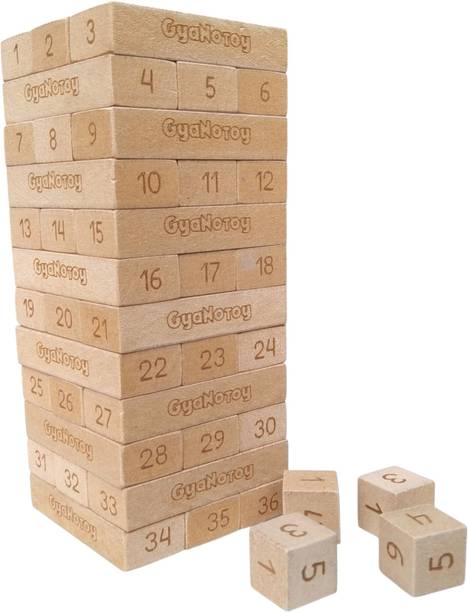 GYANOTOY Wooden Mini Tumbling Tower Numbered | 36 Numbered Blocks, 4 Dice, 5.5×5.5x13 cm