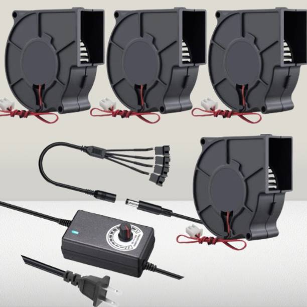 Electronic Spices 4pcs 9733mm DC Blower, 12V, with 120V - 240V AC Plug, Variable Speed Controller Forward Curved Air Blower
