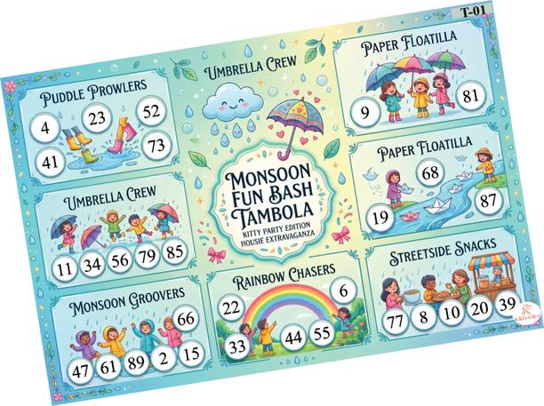 KRIVORA Monsoon Fun Bash Theme Tambola Housie Bingo Tickets for Kitty Party (Pack of 15) Board Game Accessories