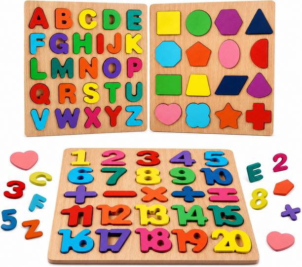 RANBOW Wooden Alphabet Number Shapes Puzzle Combo Educational Board Games