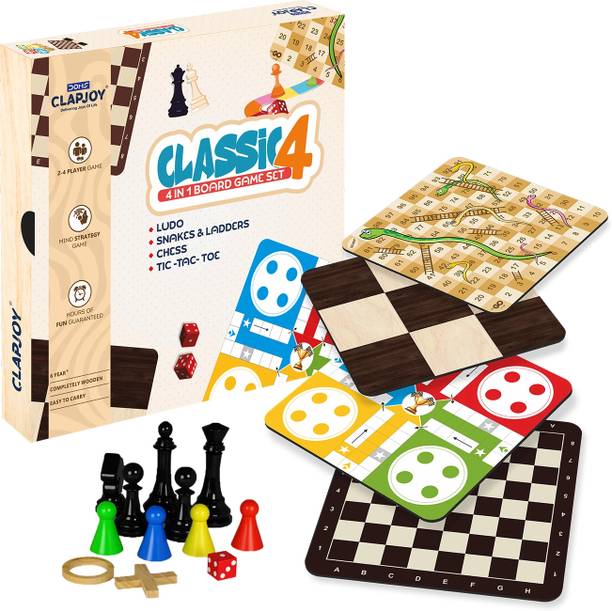 Clapjoy Wooden 4in1 for Kids & Adults|Ludo & Chess|Snake Ladder & Tic Tac Toe Party & Fun Board Game