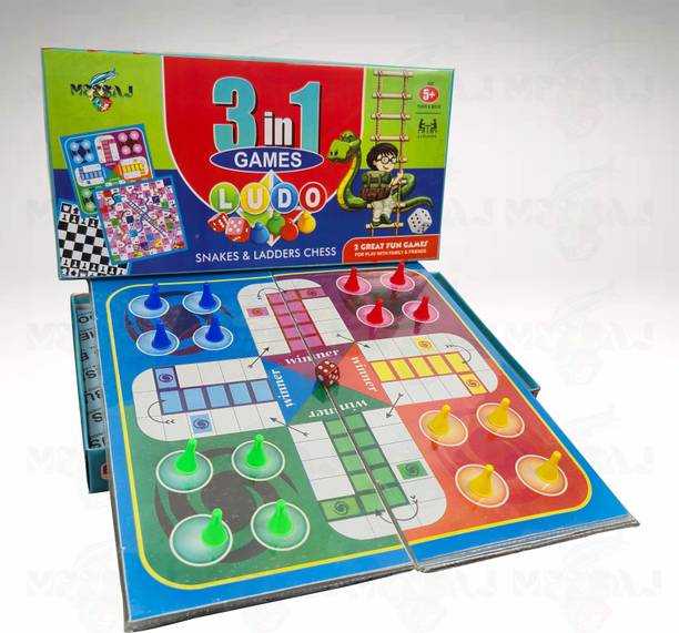 Meesaj Premium 3 in 1 Board Game Set – Ludo, Snakes & Ladders & Chess Combo Party & Fun Board Game