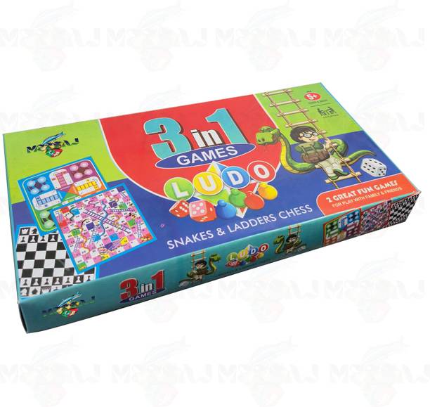 Meesaj Triple Fun Board Game Set – Ludo, Snakes & Ladders & Chess | Classic Family Game Party & Fun Board Game
