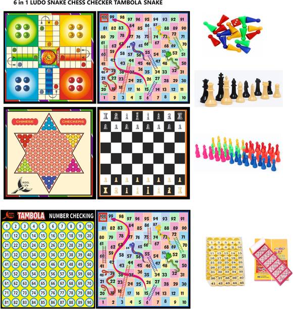 HK Sports 6 in 1 Wooden 12*12" Ludo Snake Tambola Snake Chess Checker | Token Chessmen | Strategy & War Board Game
