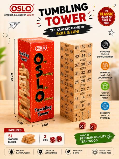 Oslo 51-Piece Teak Wood Tumbling Tower | Classic Balance Stacking Game | ZENGA Party & Fun Board Game