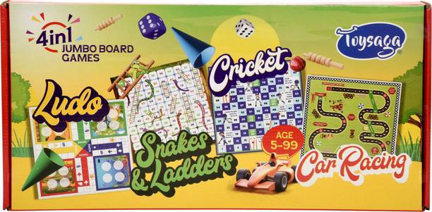 Toysaga Family 4-in-1 Jumbo Game Board, Ludo Snakes & Car Racing, Board Game Accessories
