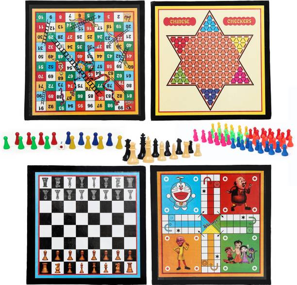 HK Sports 2 in 1 Wooden 12*12 inch Ludo & Snake Ladder | Checker & Chess | Accessories | Strategy & War Board Game