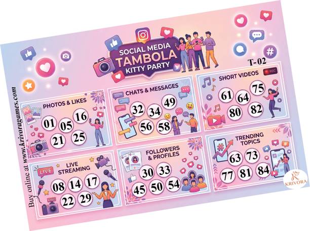 KRIVORA Social Media Theme Tambola Tickets /Housie Cards for Kitty Party (Pack of 15) Board Game Accessories