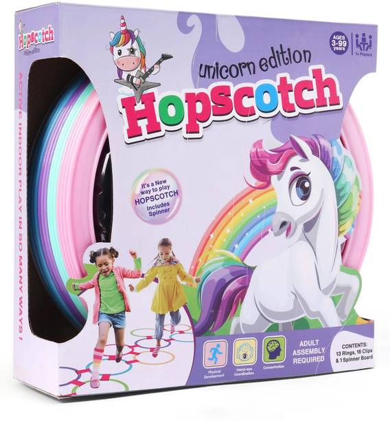 YUIOP - Hopscotch Unicorn Mat Game For Kids - 13 Rings,16 Clips & 1 Spinner Board Party & Fun Board Game