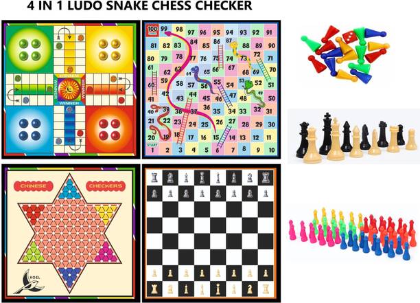 Koel 4 in 1 Wooden 12*12" Ludo & Snake | Chess & Checker with Accessories | Party & Fun Board Game