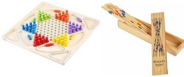 Little Mind 2 in 1 Chinese Checker Board & Ludo and Mikado Sticks Game Premium Wooden Educational Board Games