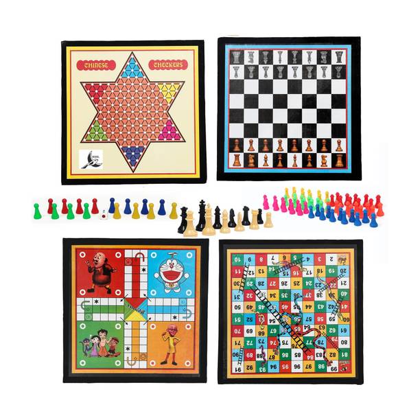 HK Sports 4 in 1 Wooden 12*12" Checker & Chess | Ludo & Snake | Checker Token Chessmen | Party & Fun Board Game