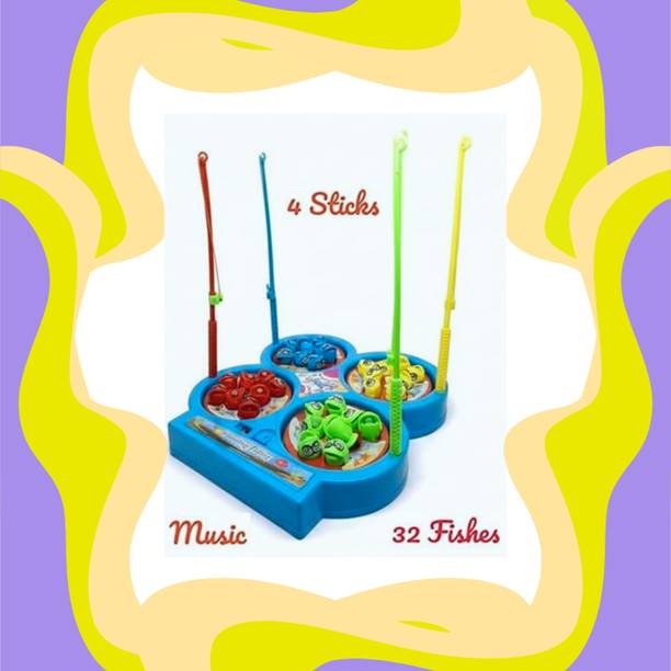 MOVE TOYS 32 Pieces Magnetic Fish Catching Gamefor Kids and Adults with Music with 4 Party & Fun Board Game