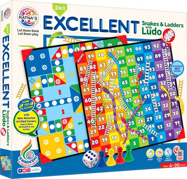 Ratnas Wooden Excellent 2 in 1 Snakes & Ladders with Ludo (1245) Party & Fun Board Game