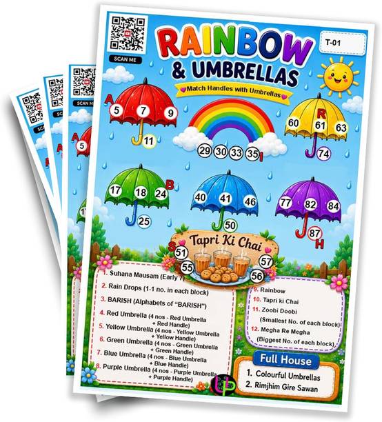 UltPult Tambola Monsoon Sawan Theme Tambola Tickets Rainbow & Umbrella Housie (15 Tickets) Board Game Accessories