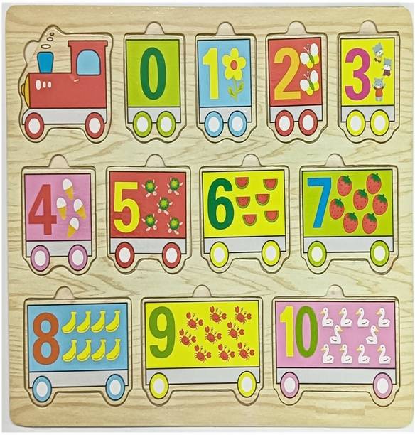 ZIPPYFOX Wooden Train with 0 to 10 number and figures in Different Shapes, 12 Items Educational Board Games