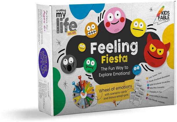 Kids Fable Feeling Fiesta- Exploration Board Game Wheel of Emotion,Scenario Card & EmojiPin Board Game Accessories