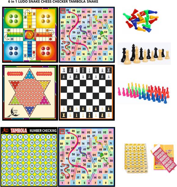 कोयल 6 in 1 Wooden 12*12" Tambola | Snake | Ludo | Chess | Checker | Accessories | बोर्ड गेम