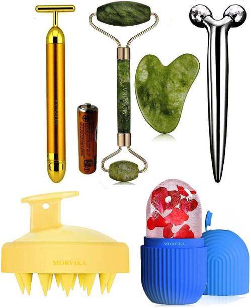 MORVIKA 100% Natural Jade Roller & Gausha,3D Massager,Scalp Brush, Ice Roller,T Massager