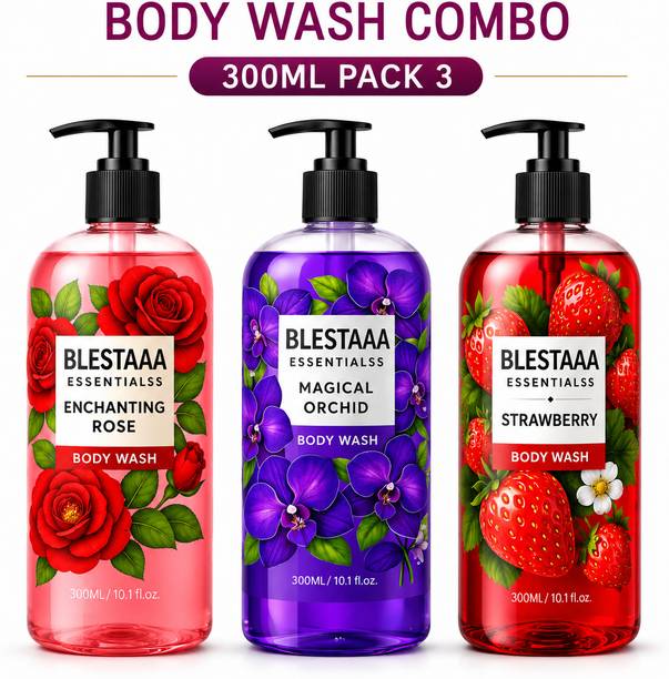 blestaaa essentialss Strawberry, Rose & Orchid Body Wash Combo Pack for Soft & Fresh Skin Care.