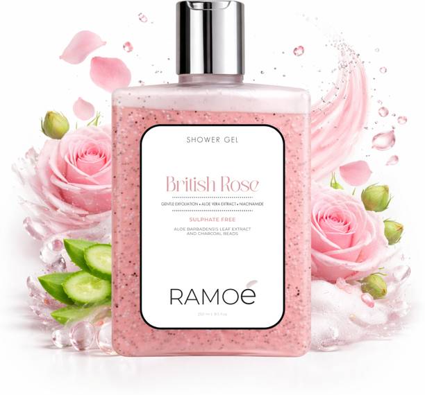 Ramoè British Rose Shower Gel with Aloe Vera Niacinamide Charcoal Beads Sulphate Free