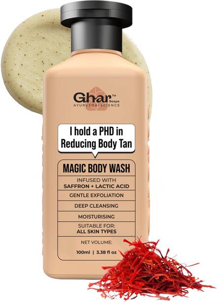 GHAR SOAPS Magic De-Tan Body Wash | Saffron, Lactic Acid & Niacinamide | Exfoliate & Glow
